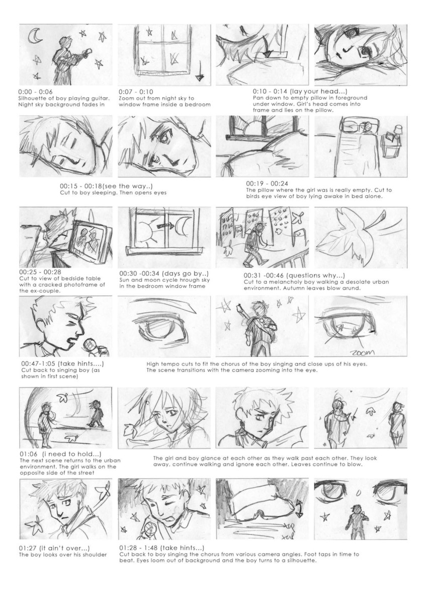 Storyboard for the Hints From My Eyes music video animation