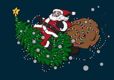 Merry Christmas santa riding a Christmas tree illustration