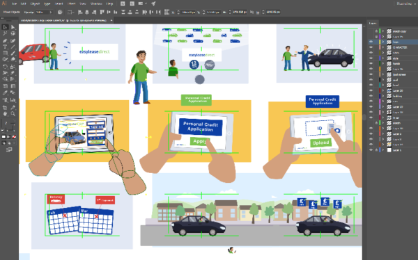 Storyboard design for Easy Lease Direct car rental explainer animation