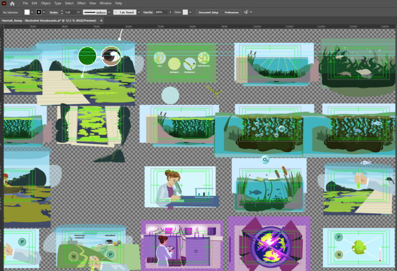 Screenshot of animation storyboards in Adobe Illustrator. 