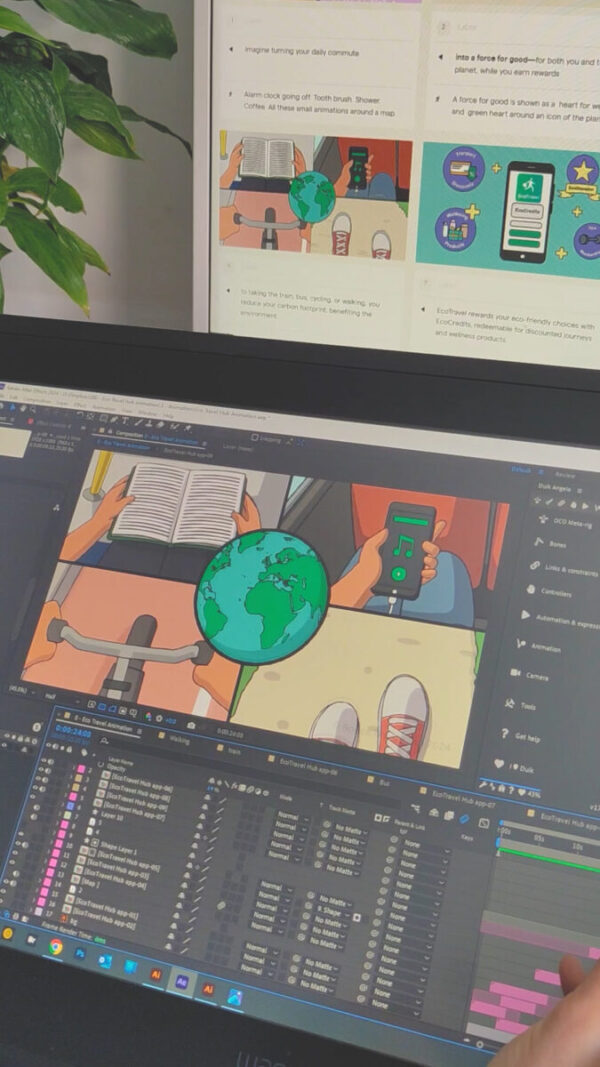 Animation in After Effects at a desk with a Wacom Cintiq pen display screen