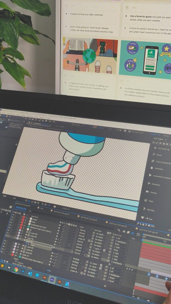 Animation in After Effects at a desk with a Wacom Cintiq pen display screen